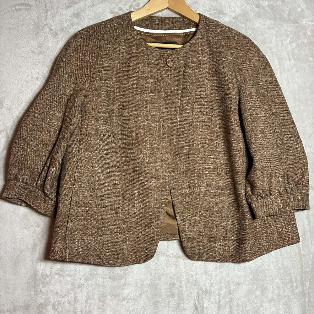 Banana Republic Tweed Wool/Hemp Short Swing Blazer Jacket Caramel Brown Size 14